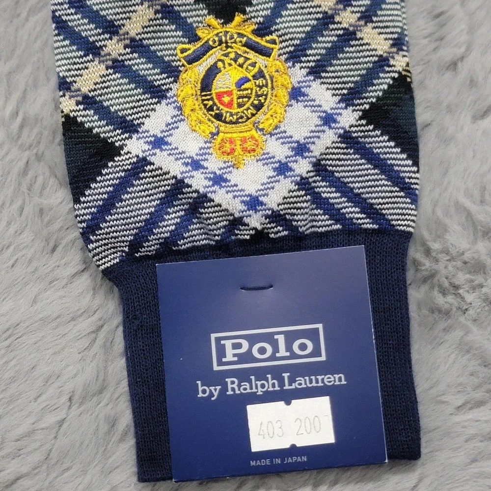 Polo Ralph Lauren Socks Mens 10-13 Navy Tartan Plaid Cookie Crest Embroider Calf